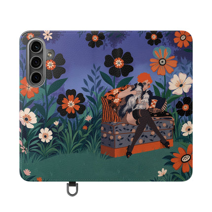 🌺🐈 The Lady Of The Midnight Garden Cat Flip Case – Art Deco Floral Fantasy