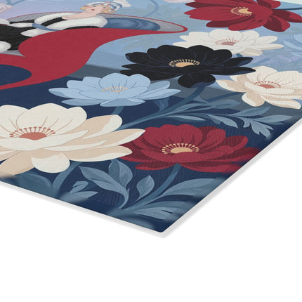🌺💌 The Lady Of The Scarlet Chaise Glass Cutting Board – Art Deco Floral Fashion Elegance