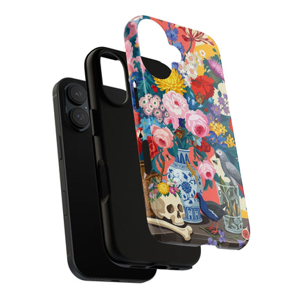 Floral Vanitas Phone Case – Parrot & Porcelain Splendor