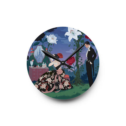 🌹🪞 The Lady Of The Midnight Garden Vanity Acrylic Wall Clock – Art Deco Floral Romance