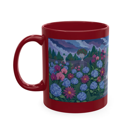 🦚🌸 The Lady & The Peacock On The Garden Steps Ceramic Mug – Art Deco Garden Elegance