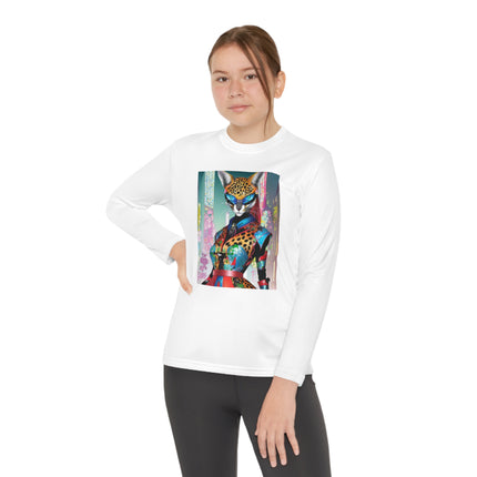 Cyber Cat Glamour Youth Long Sleeve Competitor Tee – Neon Elegance & Futuristic Style