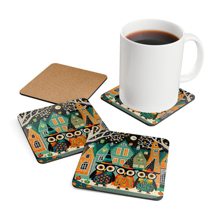 Night of the Trick-or-Treating Owlets Corkwood Coaster Set