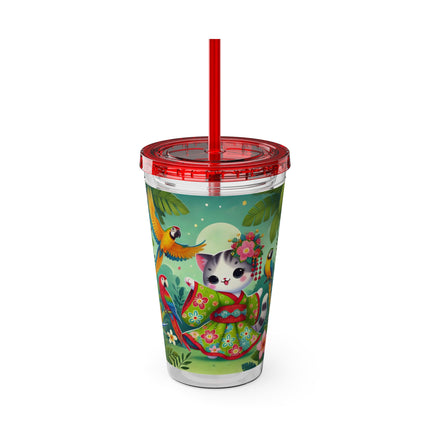 Parrot Dance of the Geisha Kitten Sunsplash Tumbler with Straw, 16oz