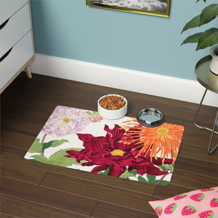 Vintage Dahlia Symphony Pet Food Mat – Crimson & Gold Bloom