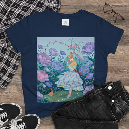 🌸🐇 The Secret Blossom Garden Cotton Tee – Art Deco Spring Whimsy