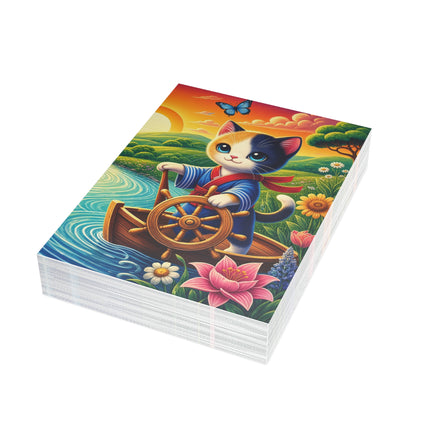 🌅🐱 The Sunset River Sailor Kitten Greeting Card – Whimsical Floral Adventure