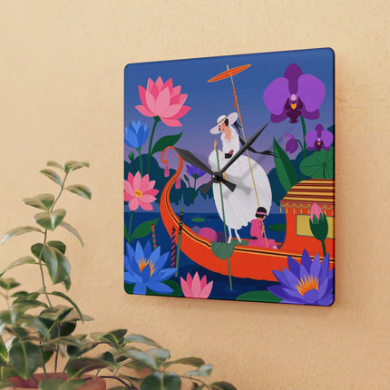 🪷🚣 The Lady Of The Lotus Lake Acrylic Wall Clock – Art Deco Botanical Fantasy