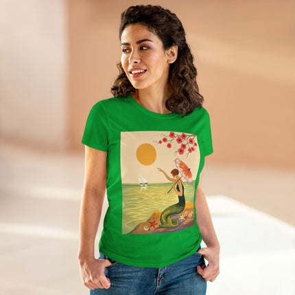 🧜‍♀️🌸 The Mermaid Beneath The Blossoms Cotton Tee – Art Deco Seaside Fantasy