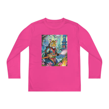 Cyberpunk Leopard Youth Long Sleeve Competitor Tee – Neon Magic & Futuristic Adventure