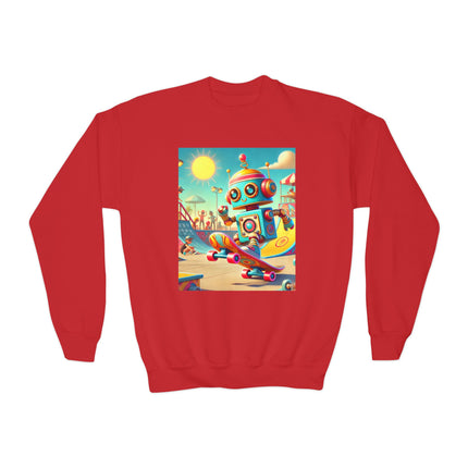 Skate Park Robot Youth Crewneck Sweatshirt – Energy, Motion & Retro-Futuristic Fun