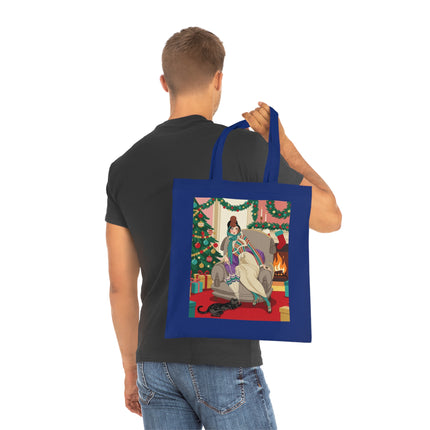 🔥🎄 The Lady Of The Christmas Hearth Cotton Tote Bag – Art Deco Holiday Warmth