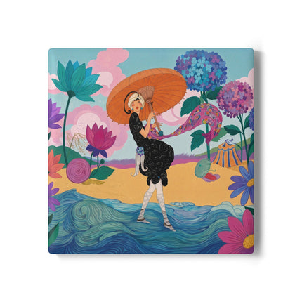 🌊☂️ The Lady Of The Flowered Seashore Ceramic Coaster – Art Deco Seaside Fashion