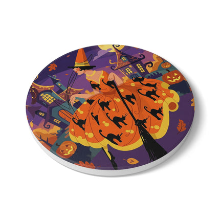 🐈‍⬛🎃 The Black Cat Witch Of Pumpkin Manor Ceramic Coaster – Whimsical Halloween Charm