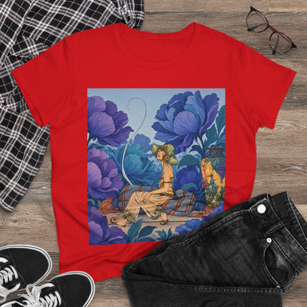 💙🌸 The Lady Among The Blue Blossoms Cotton Tee – Art Deco Floral Reverie