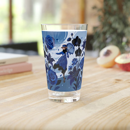☔💙 The Blue Rain Promenade Pint Glass – Art Deco Floral Fashion