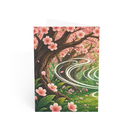 🌸🐕 The Cherry Blossom Staff Dancer Greeting Card – Whimsical Garden Adventure