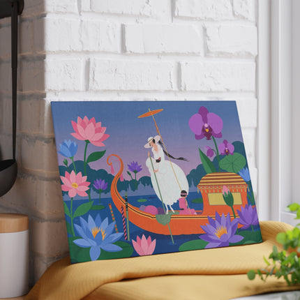 🪷🚣 The Lady Of The Lotus Lake Glass Cutting Board – Art Deco Botanical Fantasy