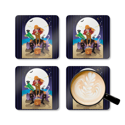 Moonlit Pirate Halloween Corkwood Coaster Set