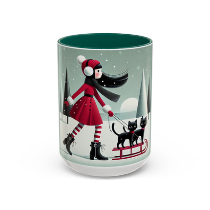 Red Sled & Curious Cats Colorful Mugs (11oz, 15oz)