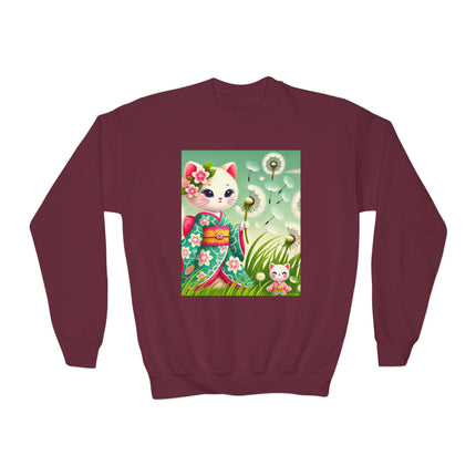 Geisha Kitten and the Dandelion Wish Youth Crewneck Sweatshirt – Gentle Magic, Dreams & Quiet Beauty