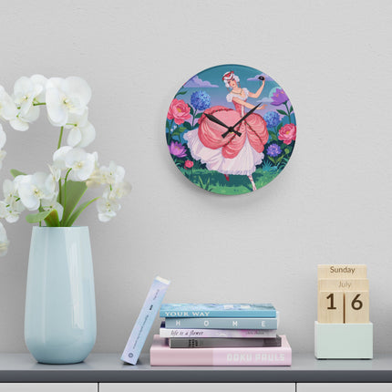 🌸🎭 The Rose Garden Masquerade Acrylic Wall Clock – Art Deco Floral Elegance