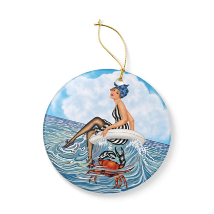 🦀🌊 The Seaside Crab Ride Ceramic Ornament – Art Deco Beach Whimsy