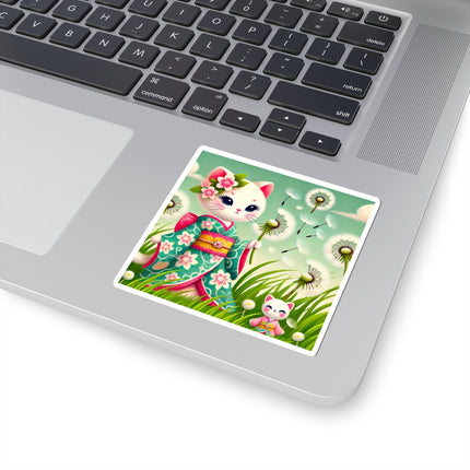 🌾🌼 Geisha Kitten and the Dandelion Wish Kiss-Cut Sticker – Gentle Wishes & Quiet Wonder