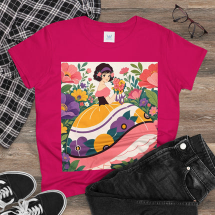 🌸💜 The Girl With The Flower Bouquet Cotton Tee – Art Deco Floral Whimsy