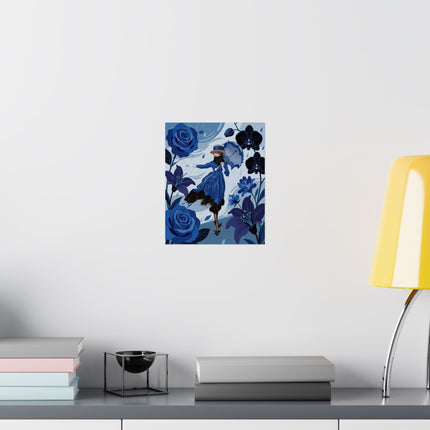☔💙 The Lady Of The Blue Rain Matte Vertical Poster – Art Deco Floral Whimsy