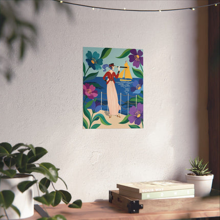 🌊🔭 The Lady Of The Seaside Lookout Matte Vertical Poster – Art Deco Nautical Whimsy