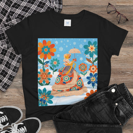 🌼❄️ The Winter Parasol Lady Cotton Tee – Art Deco Floral Fantasy