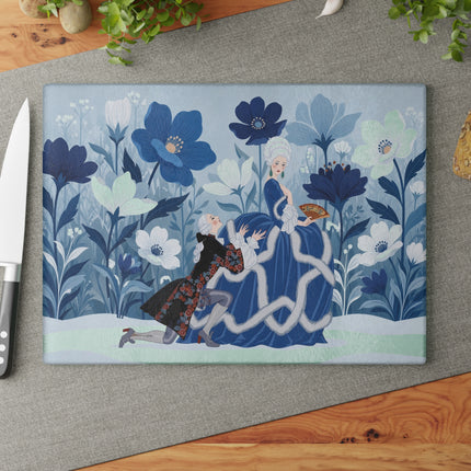 💙❄️ The Winter Courtship Glass Cutting Board – Art Deco Floral Romance