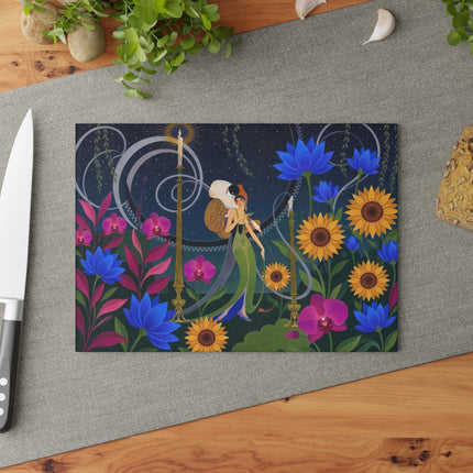 🌻🌙 The Midnight Sunflower Garden Glass Cutting Board – Art Deco Floral Fantasy