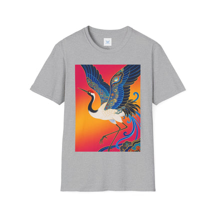 🪽🌅 The Celestial Crane Softstyle T-Shirt – Art Deco Wings Of Elegance