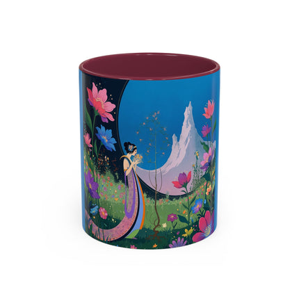 The Lady And The Moonlit Peak Colorful Mugs – Art Deco Alpine Garden Elegance
