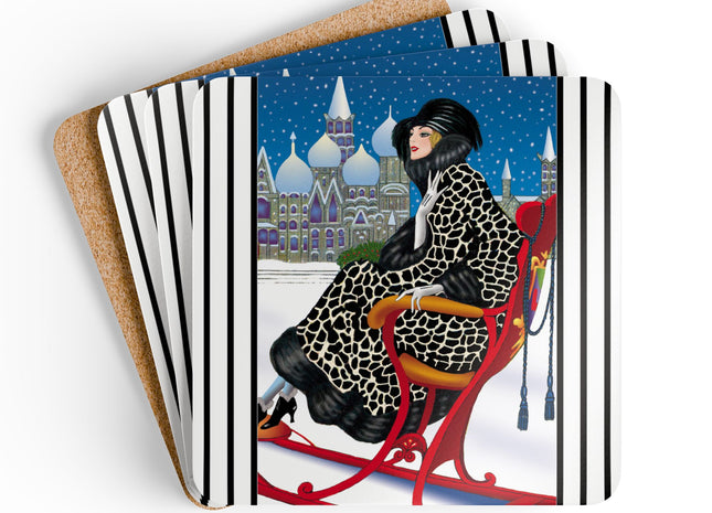 Elegant Winter Woman in Sleigh Corkwood Coaster Set
