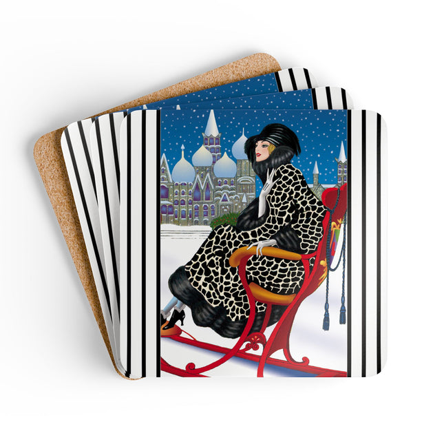 Elegant Winter Woman in Sleigh Corkwood Coaster Set