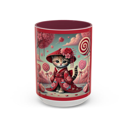 Whimsical Geisha Kitten in a Valentine Garden Colorful Mugs (11oz, 15oz)