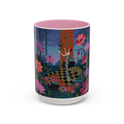 The Lady And The Midnight Birdcage Colorful Mugs – Art Deco Botanical Elegance