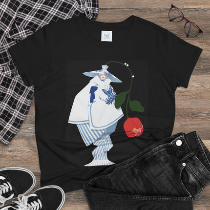 Blue & White Porcelain Geisha Women's Midweight Cotton Tee – Refined Elegance & Timeless Charm