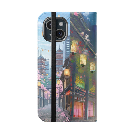 🦚🌸 Techno Plumes Peacock Flip Case – Neon Elegance & Sakura Dreams