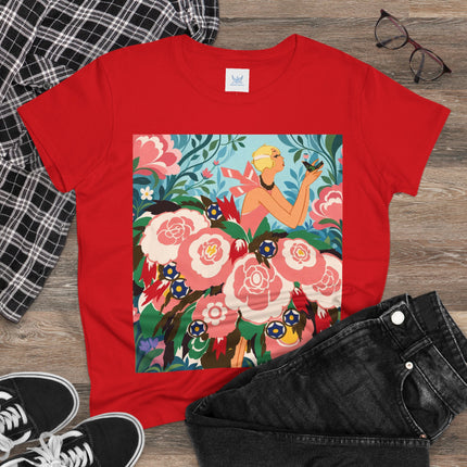 🌸🐦 The Girl Of The Little Birds Cotton Tee – Art Deco Floral Whimsy