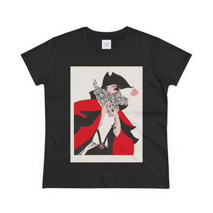 Crimson Masquerade Women's Midweight Cotton Tee – Dramatic Elegance & Art Deco Mystery