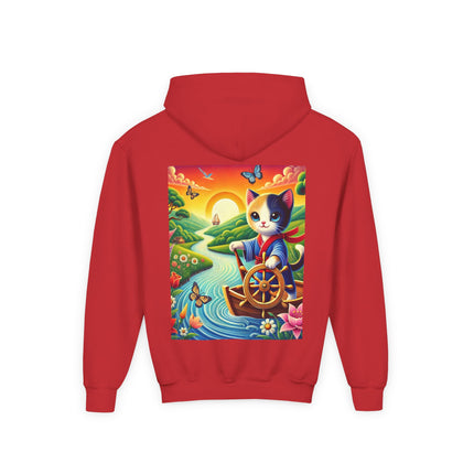 Sailor Kitten’s River Adventure Youth Hooded Sweatshirt – Playful Journey & Colorful Discovery