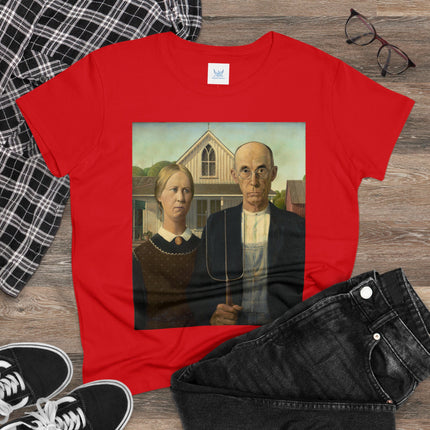 American Gothic by Grant Wood Women's Midweight Cotton Tee