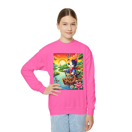 Sailor Kitten’s River Adventure Youth Crewneck Sweatshirt – Exploration, Joy & Storybook Adventure