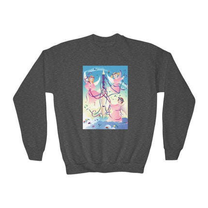 Angelic Revelry Youth Crewneck Sweatshirt – Celestial Joy & Whimsical Wonder