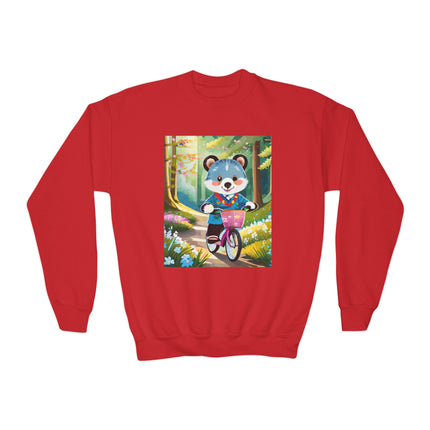 Furry Cyclist Youth Crewneck Sweatshirt – Playful Adventure on Two Wheels