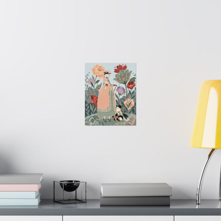 🌸🐈 The Lady And Puss In Boots Grand Floral Promenade Matte Vertical Poster – Art Deco Fashion Whimsy